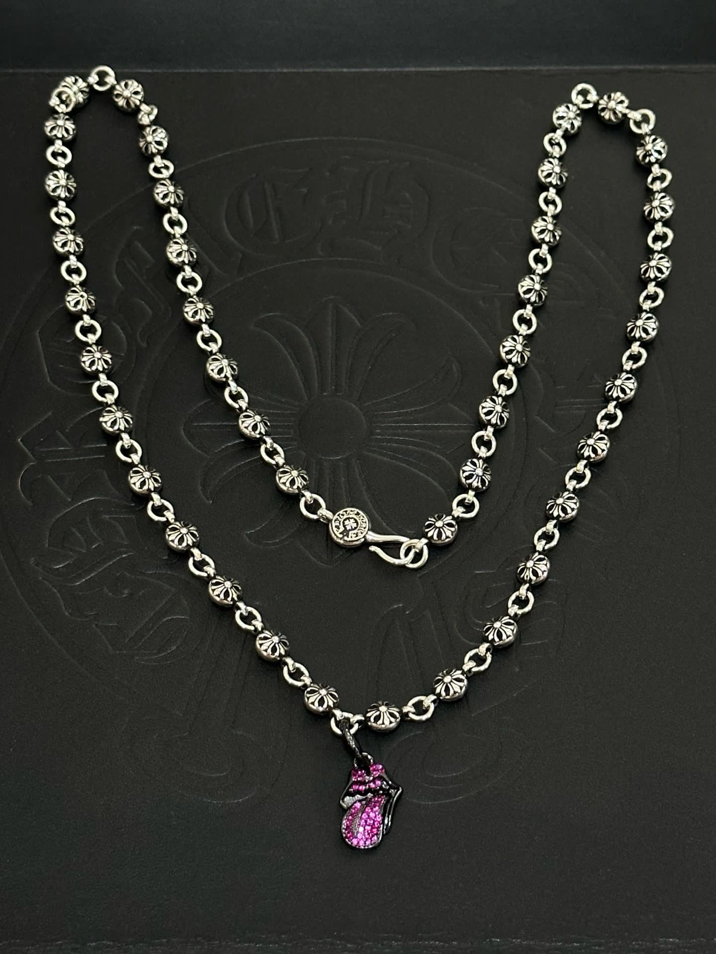 Chrome Hearts Silver Flower Chain with Pink Crystal Butterfly Pendant